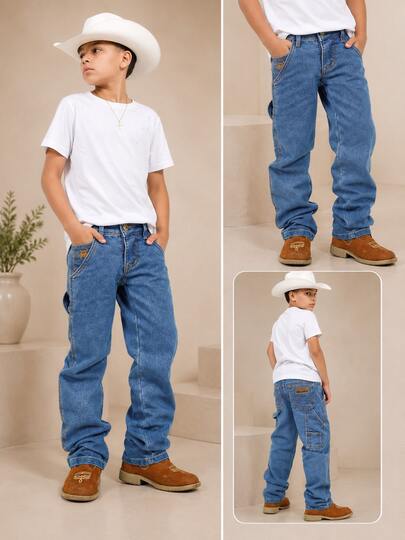 Calça Jeans Infantil Masculina Carpinteira Country Estilo Sertanejo Menino Moda Caipira Rodeio Western Tradicional Clara Média Escura Casual Festa Junina Cowboy Premium