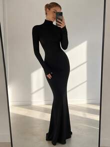 Kliou Simple Classic Solid Backless Maxi Dress Women Elegant O-Neck Evening Long Sleeve Dresses Robe Slim Autumn High Street Bodycon - Black - View 3