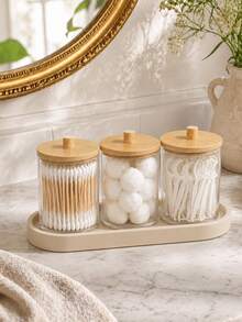 1/3/4-Piece Makeup Swab Storage Set – Plastic Jars With Lids (Suitable For Makeup Sponges, Dental Floss, And Toothpicks), Bamboo Bathroom Accessories, Bathroom Storage Canisters With Lids - View 9