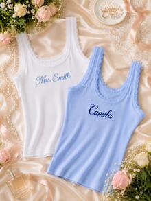 Personalized Embroidered Lace Tank Top, Custom Embroidery Modal Tank Bridal Shower Gift, Engagement Gift Bachelorette Party, New Mrs. Tank - Multicolor - View 2