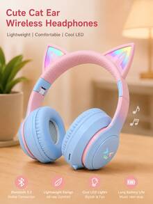 Headphone Bluetooth Nirkabel Bentuk Telinga Kucing Lucu dengan Lampu LED, Headset Lipat dan Dapat Diatur, Earphone Over-Ear Nyaman untuk Anak Perempuan, Kompatibel dengan iOS/Android untuk Bermain Game/Kelas Online - View 2