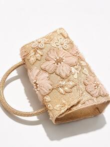 Tidet Ever Luxury Champagne Beaded Flap Bag, Pink Embroidered Floral And Pearl Decor, Shiny Handle Gold Chain Wedding Evening Clutch - Champagne - View 5
