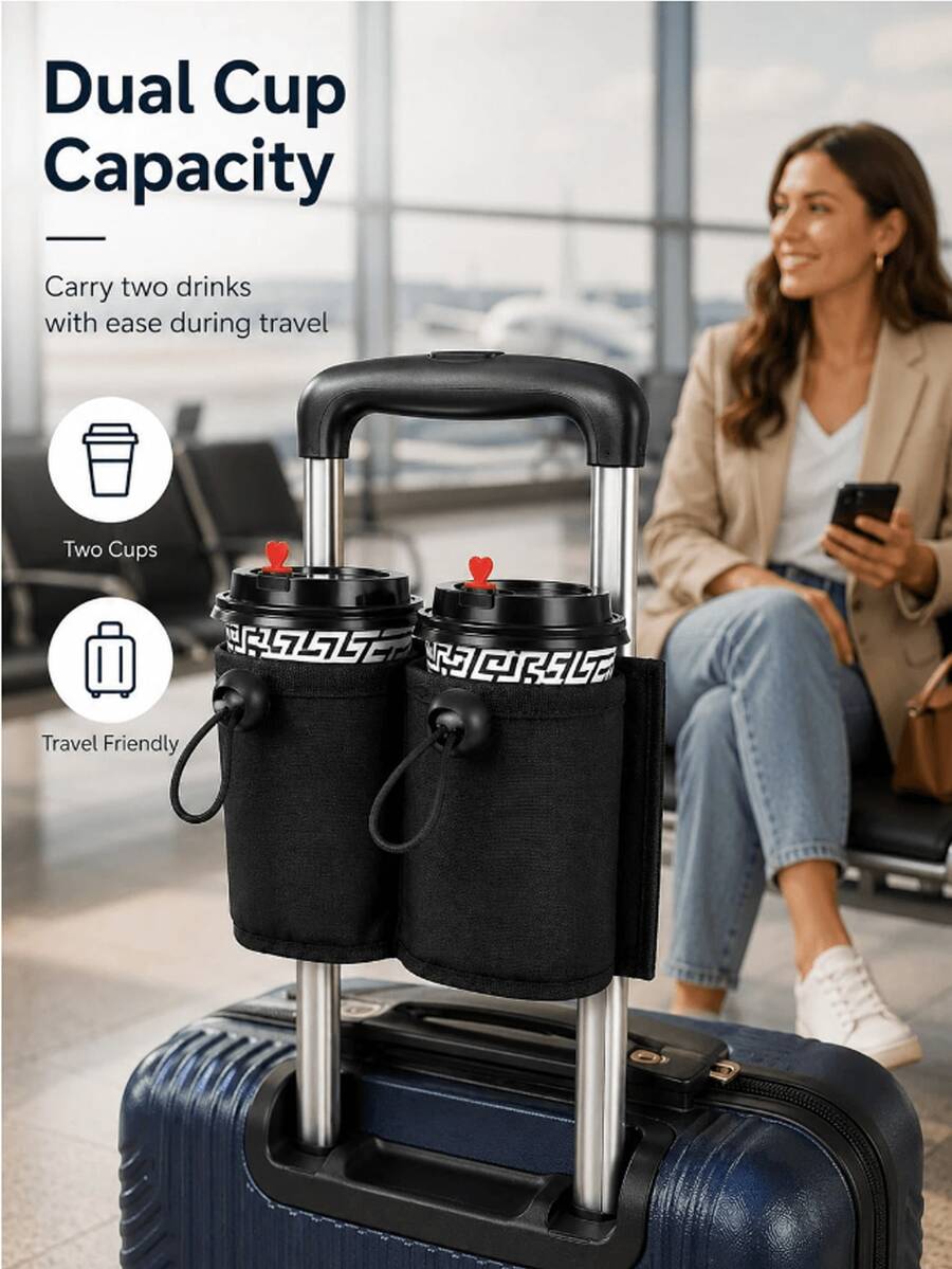 Multi‑Pocket Luggage Handle Storage Pouch, Portable Water Bottle Sleeve For Suitcase, Adjustable Luggage Binding Belt Travel Must‑Have Gear