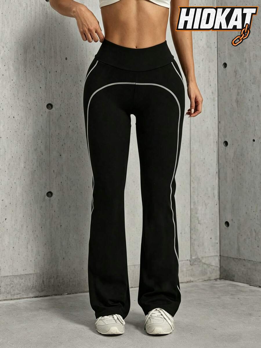 Hidkat Women's Fashion Solid Color High Waist Elastic Yoga Casual Sports Knit Long Pants - Black - View 1