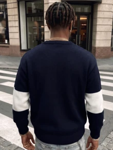 ANDREILEE Men's Casual Fashion Streetwear ERA Letter Crew Neck Loose Long Sleeve Ribbed Hem Daily Commute Versatile Knit Pullover Sweater - Navy Blue - View 5