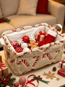1pc Large Capacity Christmas Candy Cane Embroidered Flannel Storage Basket, Dual Handle Design, Foldable, Perfect For Christmas Holiday Supplies, Gifts, Decor Storage, Holiday Atmosphere Home Decor, Holiday Gift - Multicolor - View 7