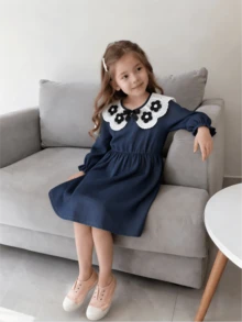 Autumn New Girls Toddler Imitation Denim Dress With Ruffled Collar, 3D Flower Bow, Long Sleeve, Sweet Versatile Loose Comfortable Breathable For School, Daily Wear And Outings - Blue - View 9