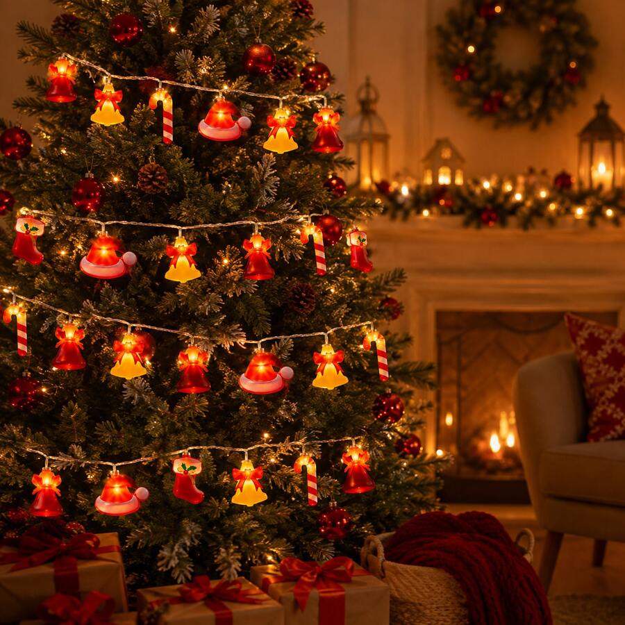 1pc 10/20 LED Christmas Candy Cane & Hat & Socks & Wallet &Bell String Light Battery Powered Hanging Fairy Lamp For Home Bedroom Yard Holiday Party Xmas Tree Fireplace Handle Christmas Decoration - Warm White - View 1