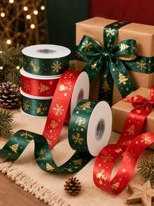 Classic Festive Flat Roll Shape Red And Green Ribbon With Gold Snowflake Reindeer And Christmas Tree Prints, Neat Edges For Gift Wrapping And Bow Making, Christmas Craft Ribbon For Presents, Parties, Weddings, Winter Holiday And New Year Celebrations - Multicolor - View 4