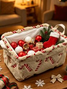 1pc Large Capacity Christmas Candy Cane Embroidered Flannel Storage Basket, Dual Handle Design, Foldable, Perfect For Christmas Holiday Supplies, Gifts, Decor Storage, Holiday Atmosphere Home Decor, Holiday Gift - Multicolor - View 4