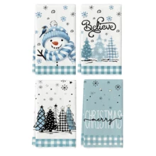 4 PCS Serbet Dapur Natal, Motif Kotak Biru Muda Salju & Pohon Natal, Serbet Tangan Teh Dekorasi Rumah Liburan Natal Meriah untuk Dapur - Baby Blue - View 10