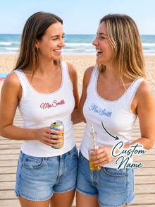 Personalized Embroidered Lace Tank Top, Custom Embroidery Modal Tank Bridal Shower Gift, Engagement Gift Bachelorette Party, New Mrs. Tank - Multicolor - View 1