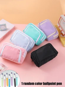 1pc Large Capacity 3-Layer Macaron Color Pencil Case With Window, Japanese Style Canvas Pencil Pouch, Multi-Compartment Stationery Storage Bag, Portable Pen Holder, Suitable For School, Office And Daily Use - Pink - View 8