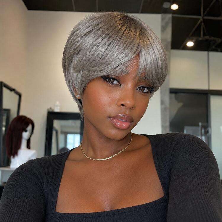 Beaushine Chocolate Brown Pixie Cut Wig Human Hair Straight Bob Glueless Wig 6 Inch Pixie Cut Wig Short Layered Wig Rose Net Cap Brazilian Virgin Human Hair For Daily Use - SGray - View 2