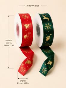 Classic Festive Flat Roll Shape Red And Green Ribbon With Gold Snowflake Reindeer And Christmas Tree Prints, Neat Edges For Gift Wrapping And Bow Making, Christmas Craft Ribbon For Presents, Parties, Weddings, Winter Holiday And New Year Celebrations - Multicolor - View 8