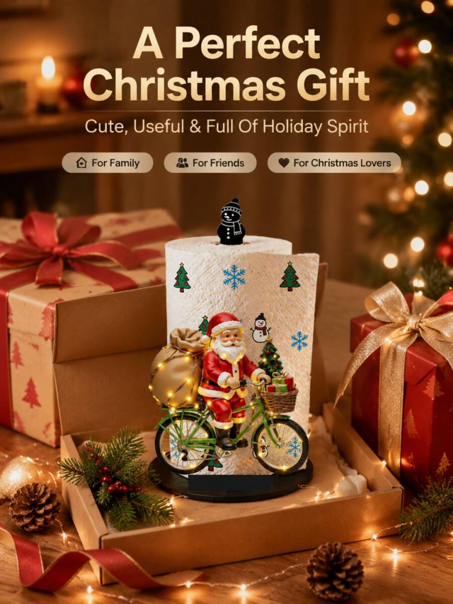 1pc Santa Claus Riding Bicycle 2D Tissue Holder, Acrylic Material Vertical Toilet Paper Storage Rack, Kitchen Dining Table Decorative Ornament, Easy To Install, Suitable For Christmas Party Home Room Decoration, Tissues Not Included - Brown - View 1