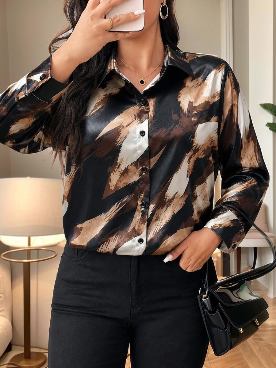 Women's Plus Size Elegant Artistic Print Button Long Sleeve Blouse, Suitable For Autumn Daily Wear And Fashion Commute Top - Chocolate Brown - View 1
