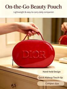 DIOR Red Glossy Patent Leather Oval Handheld Cosmetic Bag, Embossed Logo Portable Makeup Storage Box, Women's Large Capacity Makeup And Skincare Storage Bag, Holiday Gift Idea, Travel And Business Trip Cosmetic Organizer Bag, DIY Customizable Handheld Bag, Perfect Gift For Girlfriend And Best Friend, Commute Sample Lipstick Powder Multi-Function Storage Bag - Glossy Patent Leather Red Makeup Bag - View 5