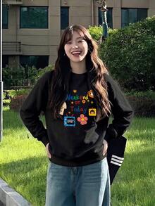 女款黑色趣味字母卡通印花運動衫，復古圓領落肩寬鬆長袖休閒上衣 - 黑色 - 查看 1