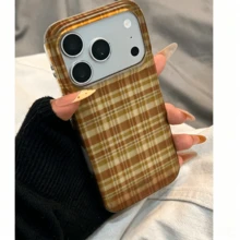 Niche Autumn/Winter Plaid Semi-Transparent Phone Case Compatible With Apple 17 Pro Max, 16 New Model, 15, 15 Pro, 17, 16 Pro, 17 Pro, High-Quality Creative Minimalist Korean Style Anti-Drop Protective Cover With Chain - Brown - View 5