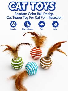 4pcs Cat Toys, Random Color Ball Design, Cat Teaser Stick, Suitable For Cat Interaction - Multicolor - View 3