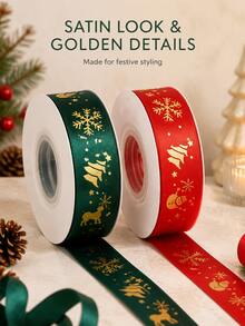 Classic Festive Flat Roll Shape Red And Green Ribbon With Gold Snowflake Reindeer And Christmas Tree Prints, Neat Edges For Gift Wrapping And Bow Making, Christmas Craft Ribbon For Presents, Parties, Weddings, Winter Holiday And New Year Celebrations - Multicolor - View 7