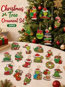 The Grinch 24pcs Christmas Tree Ornament Set, Holiday Character Design Hanging Decorations, Cute Wooden Christmas Tree Pendants, Suitable For Christmas Tree, Home Party Decor And Seasonal Display, Holiday Gift For Fans, Friends, Family And Adults - Multi-color - View 1