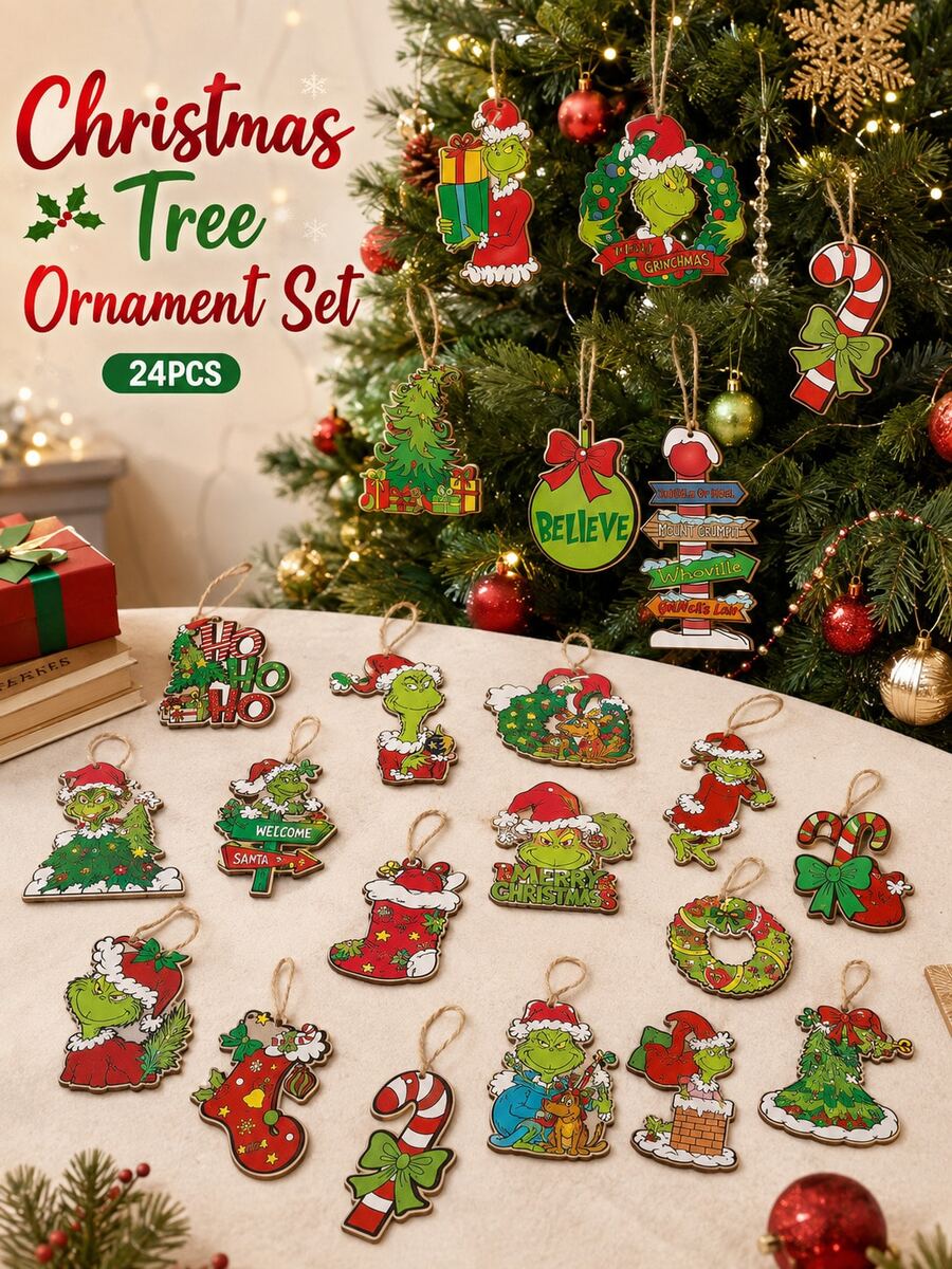 The Grinch 24pcs Christmas Tree Ornament Set, Holiday Character Design Hanging Decorations, Cute Wooden Christmas Tree Pendants, Suitable For Christmas Tree, Home Party Decor And Seasonal Display, Holiday Gift For Fans, Friends, Family And Adults - Multi-color - View 1
