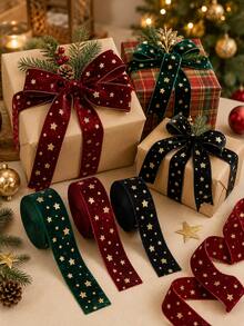 1 Roll 4cm Velvet Christmas Ribbon, Dark Green/Black Gold Star Print Gift Wrapping Bow Ribbon For Christmas Tree Decor, Holiday Party, Winter Wedding, New Year 2027 - Multicolor - View 5