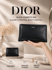 Dior Black Makeup Bag, 24.5*1.5*15.5 Cm, Portable, Large Capacity, Zipper Closure, Smooth Material, Simple And Elegant, Travel Essential - Black - View 3