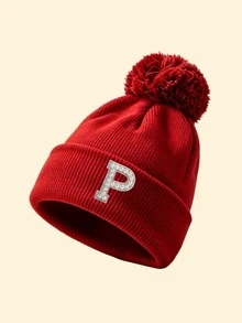 1pc Women's Red Folded Ribbed Knit Pom Pom Beanie, Pearl Rhinestone A-Z Letter Decor, Elastic Comfortable Warm, Autumn/Winter Campus Party Headwear - Red - View 26