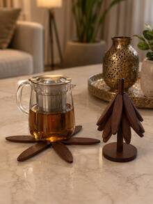 1 Set Christmas Tree Shaped Wooden Heat-Resistant Mat, Brown And Beige Foldable Heat-Resistant Table Mat, Suitable For Turkey, Hot Soup, Pot Support, Kitchen Countertop Use, Holiday Dining Decoration, Christmas Party And Winter Gathering - View 1