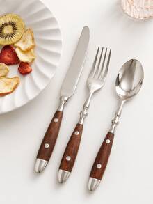 1 Walnut Two-Riveted Cutlery Set, Light Luxury High-End Stainless Steel Dinner Knife, Fork, Spoon, Salad Fork, Teaspoon, Ice Cream Spoon, High-Value Practical Household Restaurant Wooden Handle Knife, Fork, Spoon - View 5