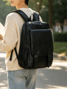 CHLCBAGS 1pc (16.1in*12.2in*7.5in) Fashion Men's Functional Backpack, Shoulder Bag, Large Capacity, Scratch-Resistant And Wear-Resistant Material, Suitable For Work Commute, Travel, Business Trip, Adjustable Shoulder Strap For Proper Length, Can Fit 14-Inch Laptop, Gift For Family, Gift For Friends, Minimalist Casual Practical Functional Backpack. - Black - View 3