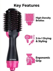 HYUNDAI Multifunctional Hot Air Brush With Adjustable Settings, Long-Lasting Styling, Negative Ion Technology To Reduce Frizz, For Hair, Wet/Dry Use, Electric Hair Straightener And Curler - Hot Pink - View 3