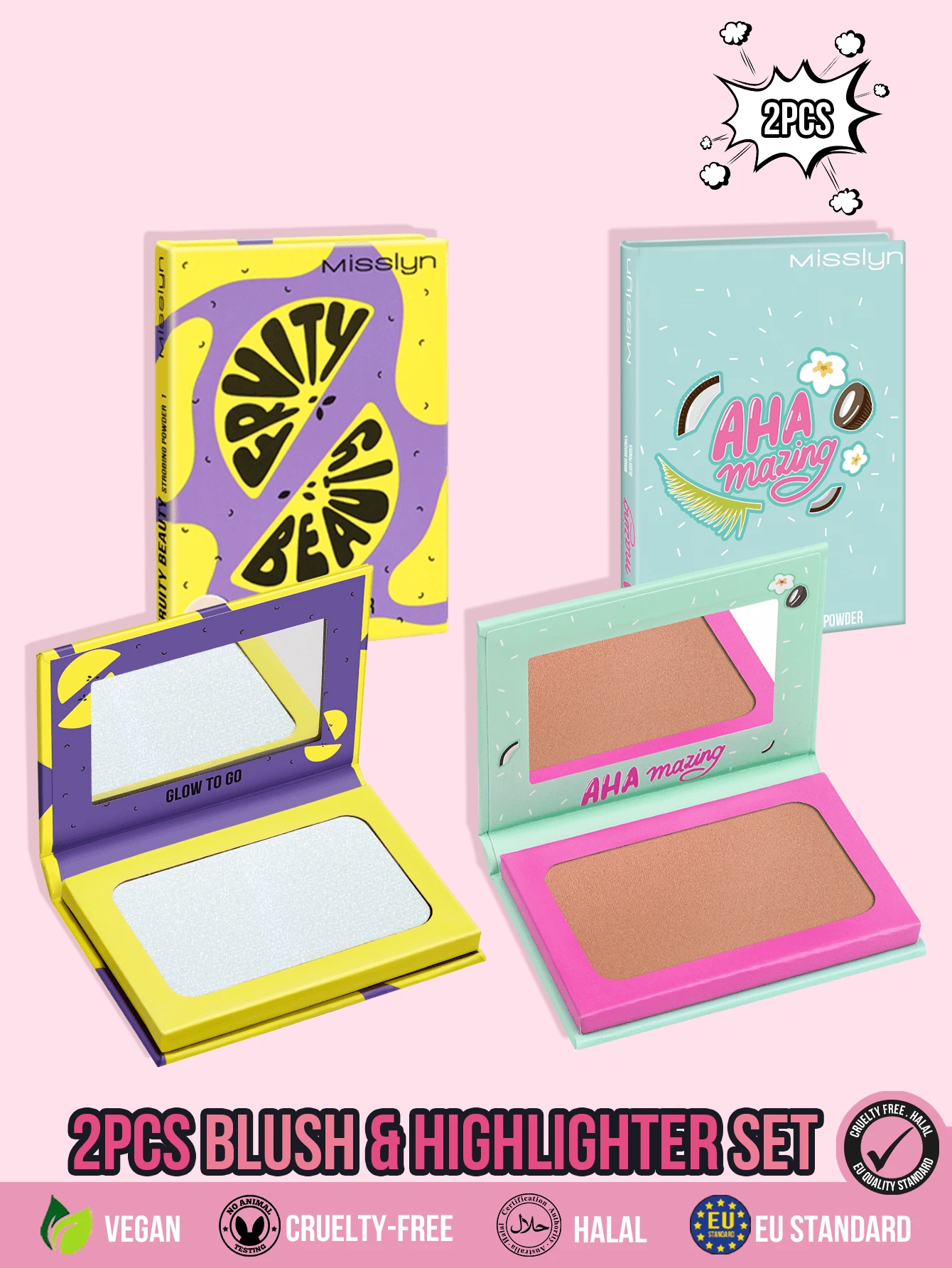 MISSLYN 2Pcs Fruity Beauty Strobing Powder & AHA-Mazing Tan Bronzing Powder Set, Silky Shimmer Blendable, Natural Warm Glow, Face Palette Highlight/Contour, Daily/Summer/Party, Y2K/Soft Glam/Sun-Kissed, Highlighter & Bronzer Set,Halloween Makeup - #18+#02 - View 1