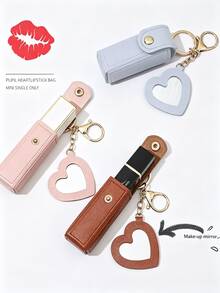 3/1pc PU Leather Lipstick Holder Keychain With Heart-Shaped Mirror, Multi-Color Portable Lipstick Case, Fashion Bag Charm Pendant, Women's Handbag Wallet Accessory, Suitable For Daily And Travel Use - Multicolor - View 10