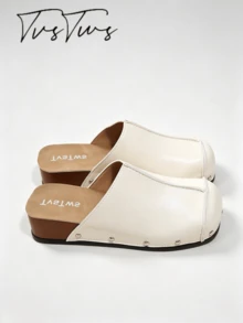 Women's Closed-Toe Rivet Half-Sling Wedge Slides, Retro Contrast Stitch Slip-On Sandals, Casual Outdoor Slippers For Daily Wear, Campus, Shopping, Versatile For Pants - Off White - View 2