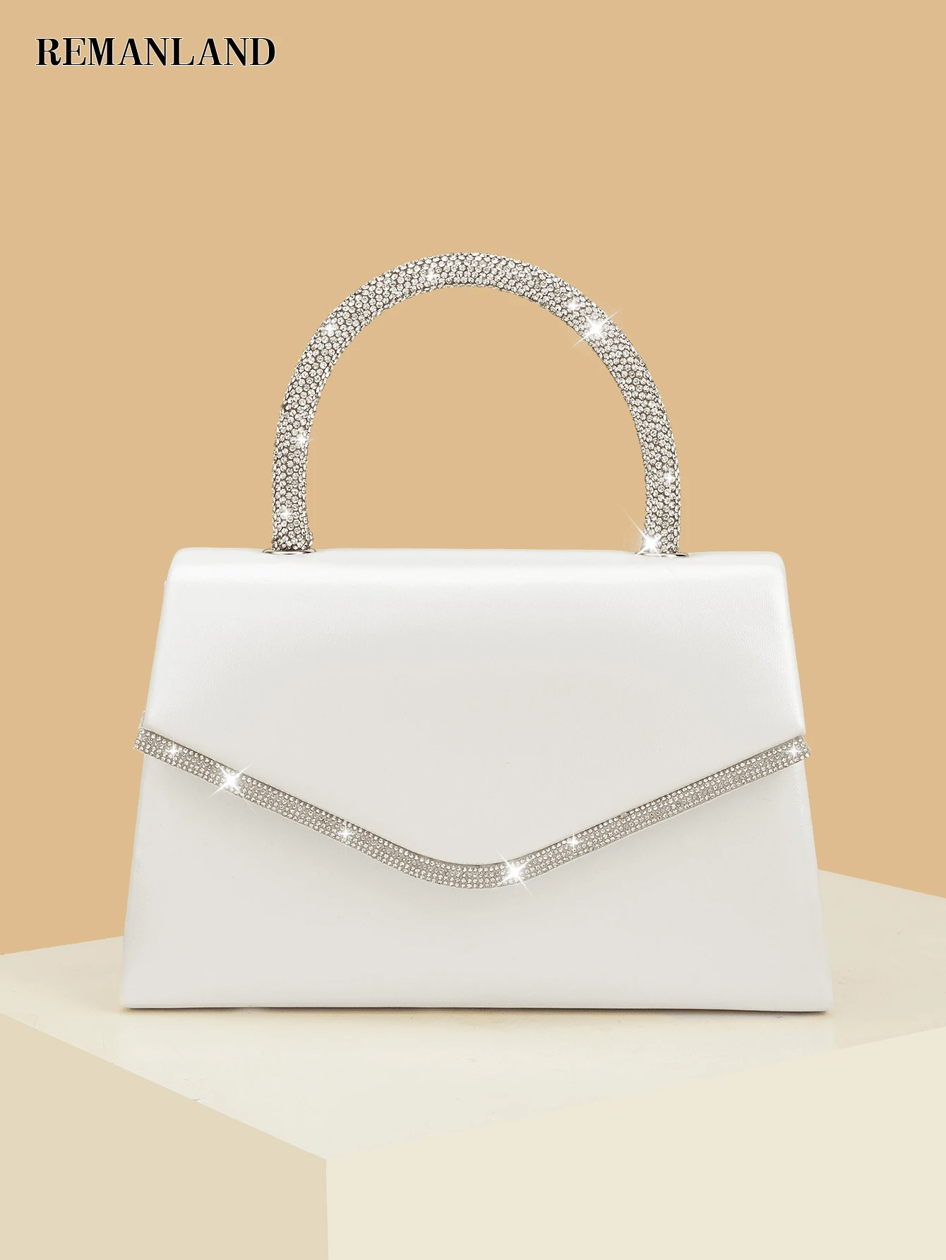 REMANLAND Shiny Elegant Minimalist White PU Solid Color Women's Rhinestone Handbag For Party, Wedding, Gathering, Ball, Valentine's Day, Date - White - View 1