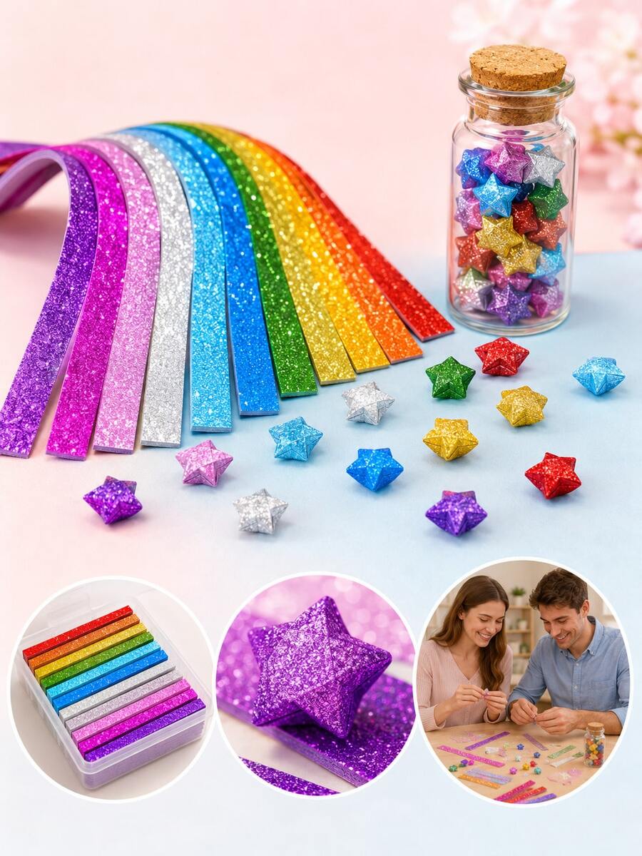 400 peças/200 peças - 10 Cores Tiras de Papel Origami Estrela da Sorte Brilhante, Papel de Artesanato Dobrável com Glitter para Fazer Estrela 3D DIY, Encher Garrafa de Desejos, Fazer Presentes Feitos à Mão, Scrapbooking, Atividades de Festa, Decoração de Casa, Artesanato de Sala de Aula, Decoração de Feriados e Projetos Criativos Feitos à Mão - Multicolorido - Visão 1