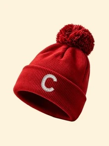 1pc Women's Red Folded Ribbed Knit Pom Pom Beanie, Pearl Rhinestone A-Z Letter Decor, Elastic Comfortable Warm, Autumn/Winter Campus Party Headwear - Red - View 23