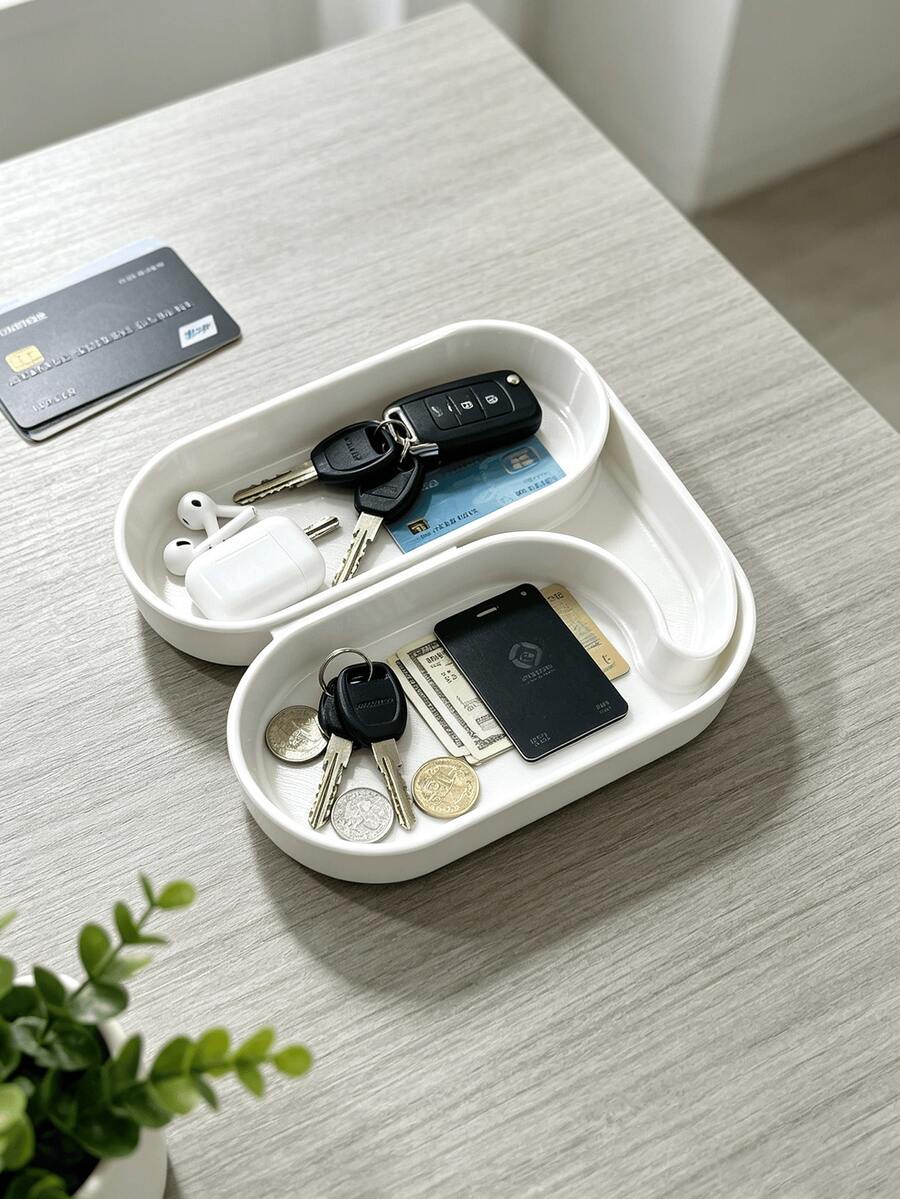 3D Printed Dual-Compartment Oval Storage Tray, Black And White, Entryway Key & Jewelry Organizer, Vanity Ring & Earring Holder, Desktop Organizer For Earphones, Perfume And Small Items, Minimalist Ins Style Home Decor