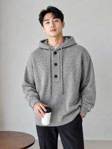 1pc Men's Light Gray Hooded Knit Sweatshirt, Soft Skin-Friendly Knit Fabric, Loose Drop Shoulder Fit, Flattering Slimming, Machine Washable, Suitable For Daily Wear, Campus, Commuting, Casual Outings - Light Grey - View 3