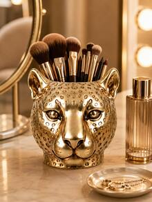 1pc Gold & Silver Leopard Print Makeup Brush Holder, Animal Head Shaped Cosmetic Storage Cup, Suitable For Makeup Brushes, Lipsticks, Eyeliner, Elegant Vanity Tabletop Bedroom Decor - Multicolor - View 4