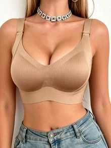 女款無縫內衣－可調式肩帶、無鋼圈支撐，適合日常穿著，超柔軟透氣面料，春季女裝舒適內衣 - 卡其色 - 查看 2