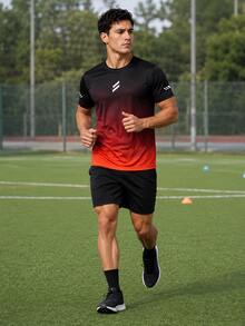 Men's Black Red Orange Gradient Quick-Dry Sports T-Shirt, White Striped Logo Crew Neck Short Sleeve Breathable Running Training Athletic Top - Multicolor - View 1