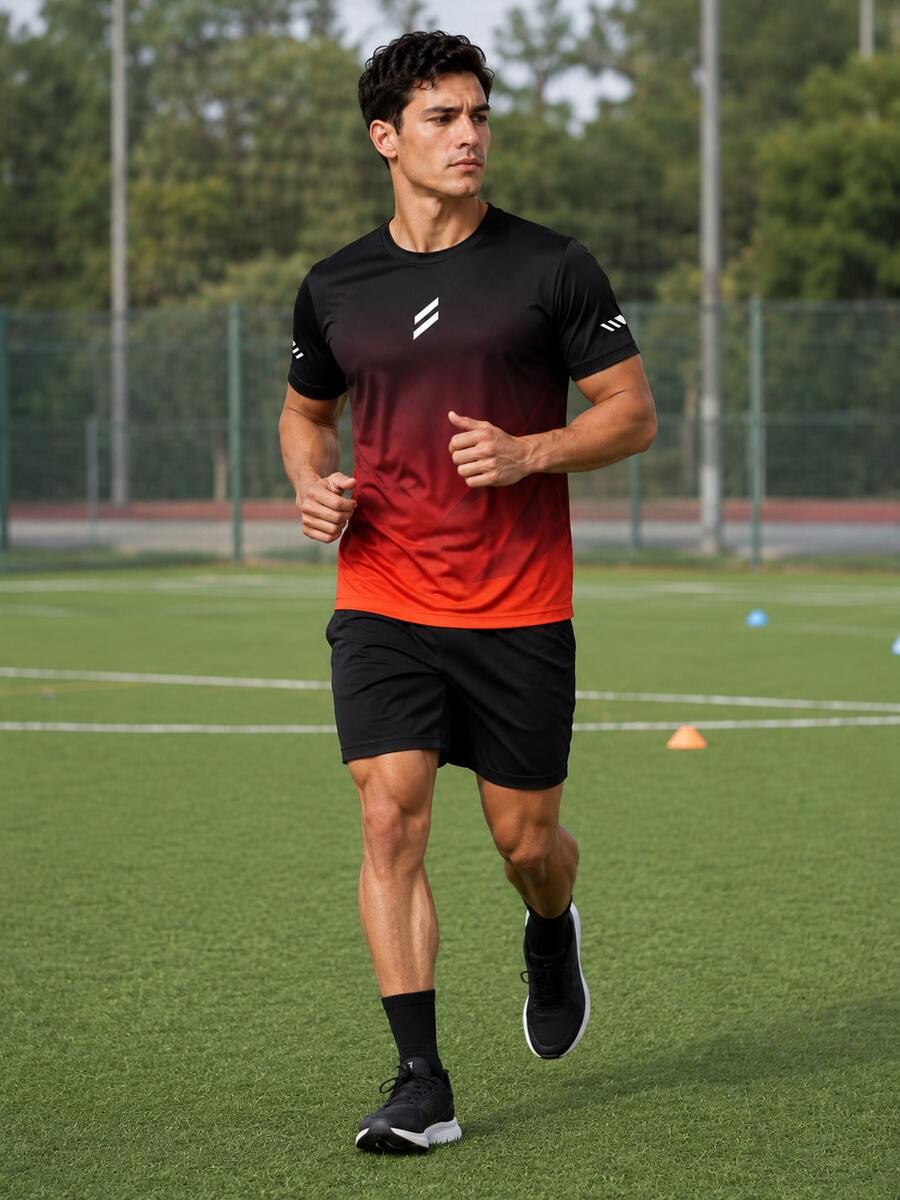 Men's Black Red Orange Gradient Quick-Dry Sports T-Shirt, White Striped Logo Crew Neck Short Sleeve Breathable Running Training Athletic Top - Multicolor - View 1