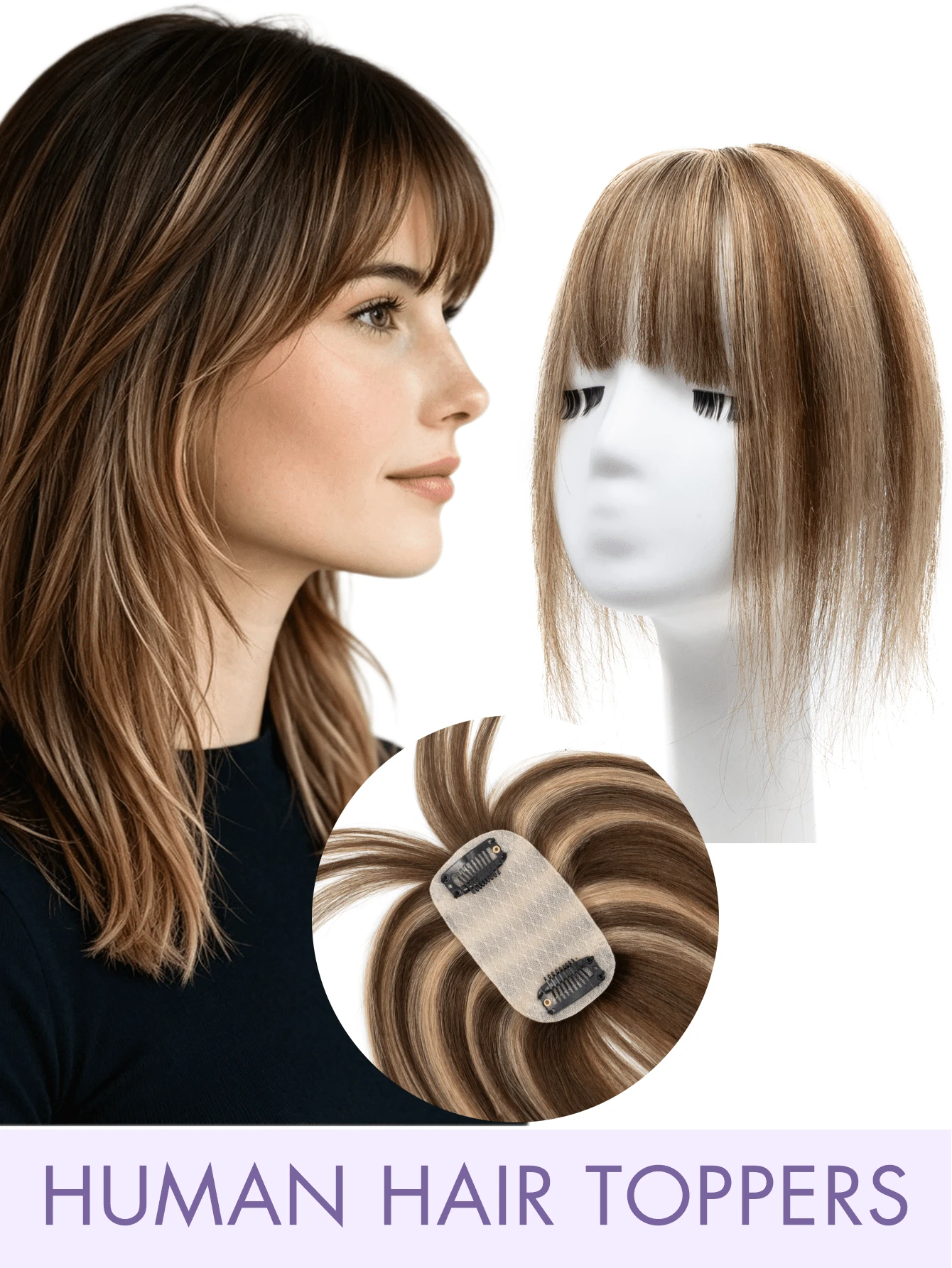 8-14 Inch Human Hair Topper With Bangs, 360° Natural Voluminous Clip-In Hairpiece For Women, Covers Thinning Hair, Silky Straight Texture, A01/A02 Style, Summer Travel And Holiday Accessory
