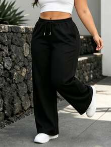 Plus Size Women's Solid Color Wide Leg Sweatpants, Drawstring Elastic Waist, Side Pockets, Casual Loose Athletic Lounge Pants - Black - View 3