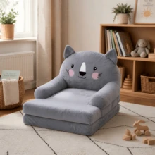 Grey Cartoon‑Style Foldable Sofa Chair, 2‑Layer Structure With Wide Handles & Supportive Backrest For Home Bedroom Use - Light Grey - View 3